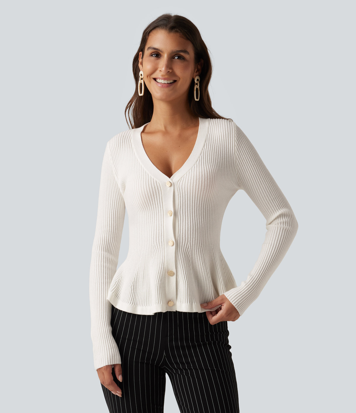 V Neck Long Sleeve Ruffle Hem Slim Work Cardigan — Sugar Swizzle — view 4