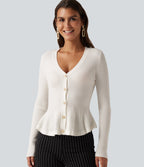V Neck Long Sleeve Ruffle Hem Slim Work Cardigan — Sugar Swizzle — view 1