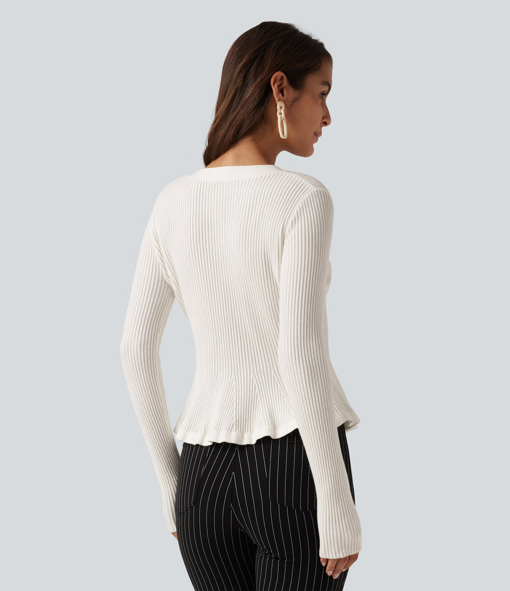 V Neck Long Sleeve Ruffle Hem Slim Work Cardigan — Sugar Swizzle — view 2