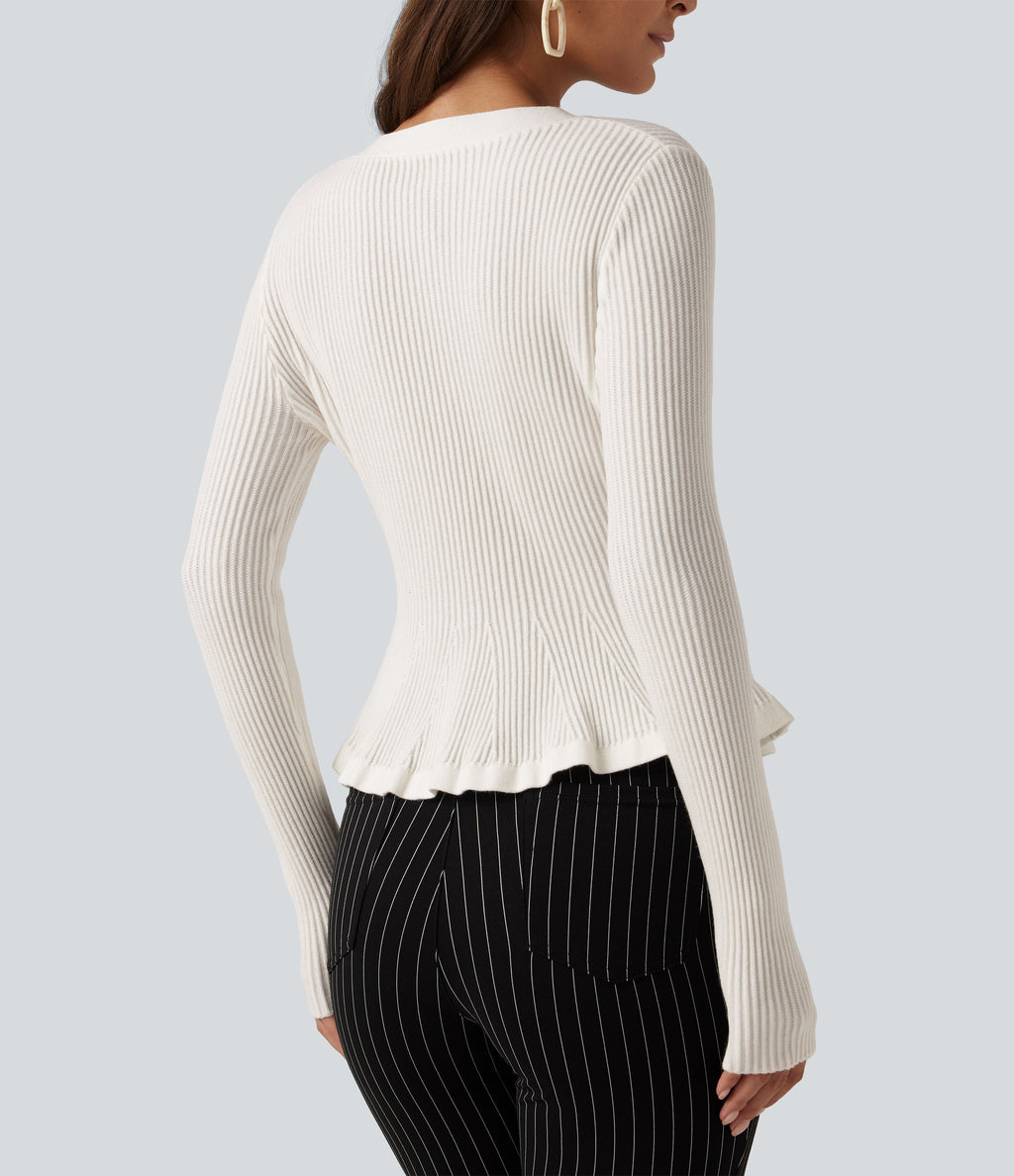 V Neck Long Sleeve Ruffle Hem Slim Work Cardigan — Sugar Swizzle — view 5