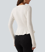 V Neck Long Sleeve Ruffle Hem Slim Work Cardigan — Sugar Swizzle — view 5