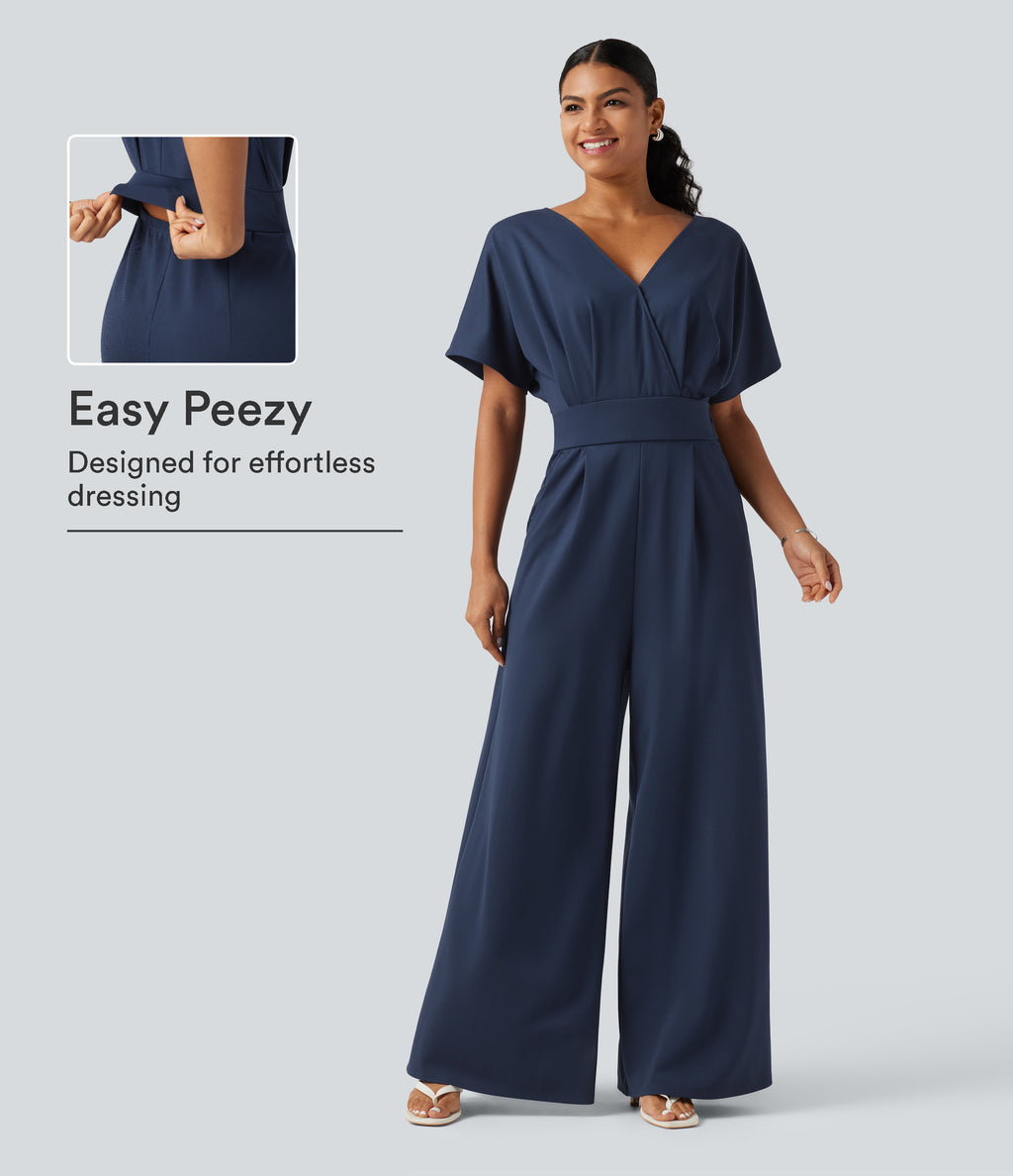 V Neck Short Sleeve Ruched Wide Leg Casual Jumpsuit with Pockets -Edition — Assad Dark Blue — view 1