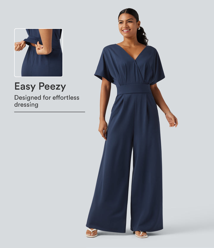 V Neck Short Sleeve Ruched Wide Leg Casual Jumpsuit with Pockets -Edition — Assad Dark Blue — view 1