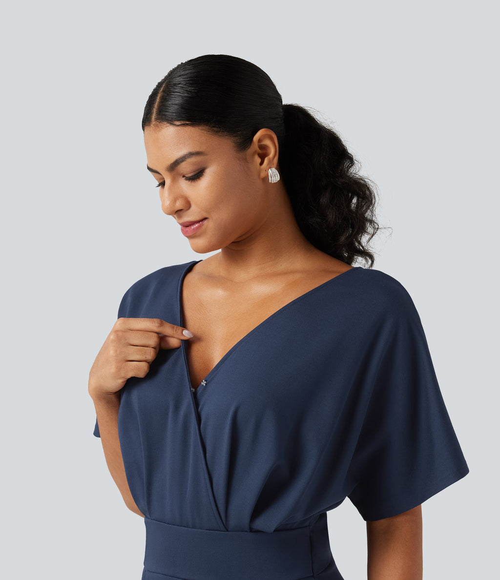V Neck Short Sleeve Ruched Wide Leg Casual Jumpsuit with Pockets -Edition — Assad Dark Blue — view 5