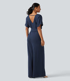 V Neck Short Sleeve Ruched Wide Leg Casual Jumpsuit with Pockets -Edition — Assad Dark Blue — view 2