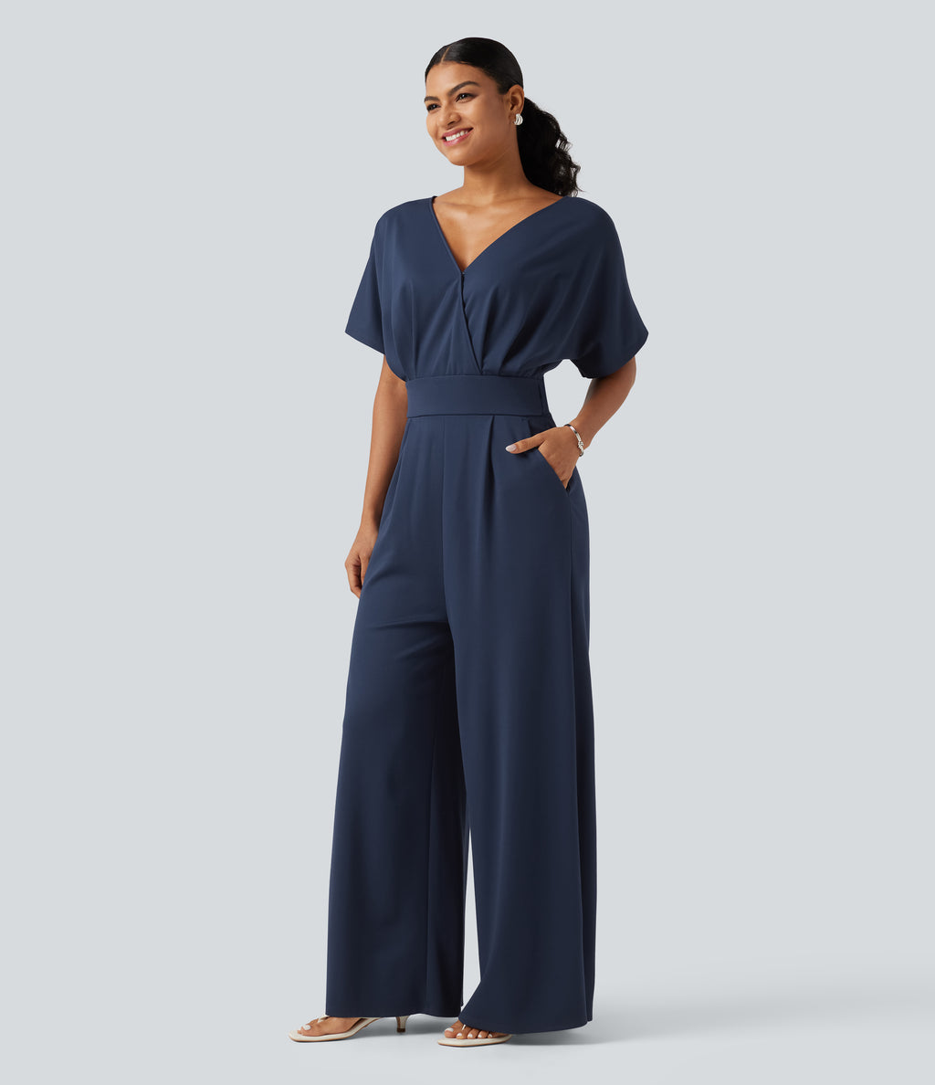V Neck Short Sleeve Ruched Wide Leg Casual Jumpsuit with Pockets -Edition — Assad Dark Blue — view 3