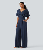 V Neck Short Sleeve Ruched Wide Leg Casual Jumpsuit with Pockets -Edition — Assad Dark Blue — view 3
