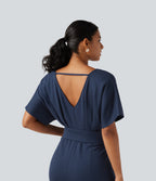 V Neck Short Sleeve Ruched Wide Leg Casual Jumpsuit with Pockets -Edition — Assad Dark Blue — view 4