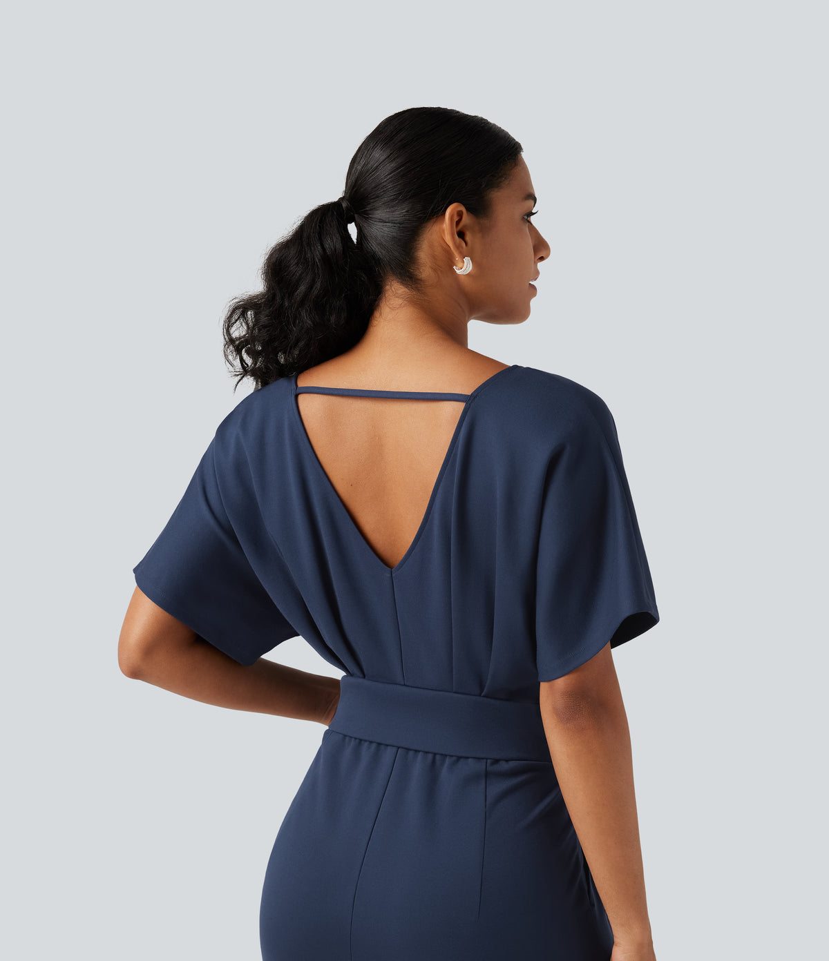 V Neck Short Sleeve Ruched Wide Leg Casual Jumpsuit with Pockets -Edition — Assad Dark Blue — view 4