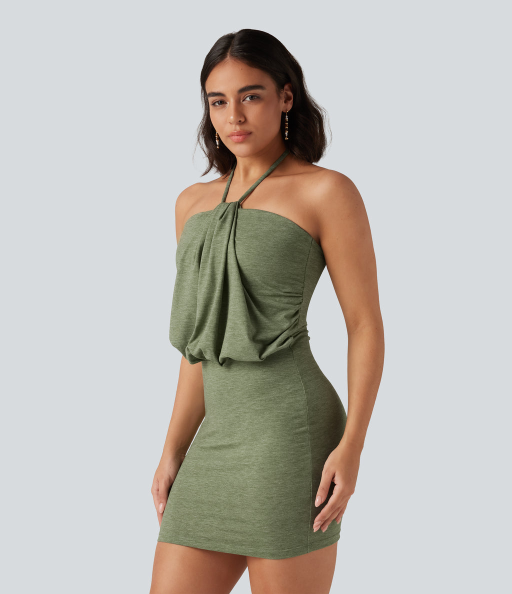 Halter Tie Back Ruched Mini Casual Dress — Light Green Floral Yarn — view 3