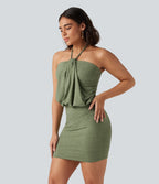 Halter Tie Back Ruched Mini Casual Dress — Light Green Floral Yarn — view 5