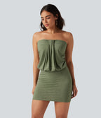 Halter Tie Back Ruched Mini Casual Dress — Light Green Floral Yarn — view 4