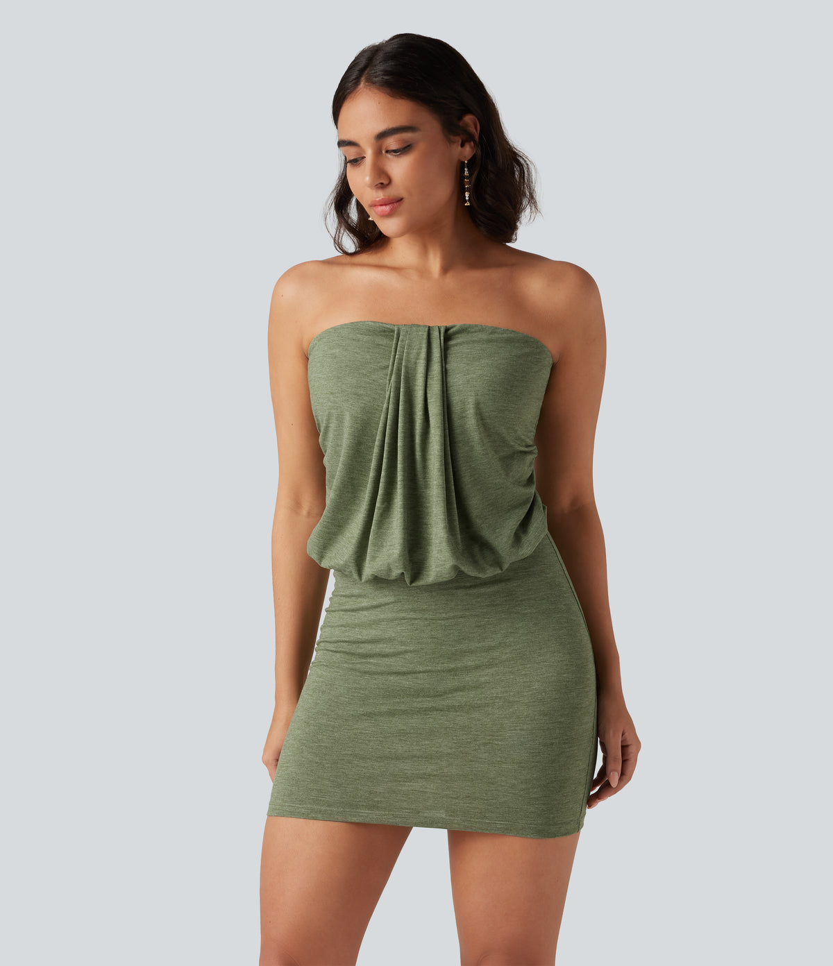 Halter Tie Back Ruched Mini Casual Dress — Light Green Floral Yarn — view 4