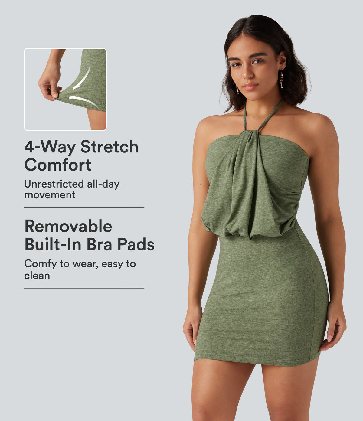 Halter Tie Back Ruched Mini Casual Dress — Light Green Floral Yarn — view 1