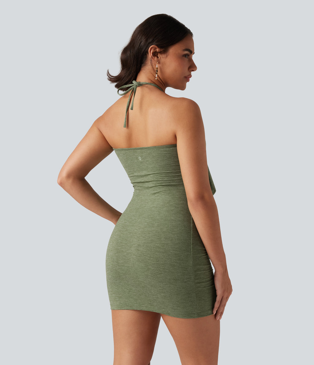 Halter Tie Back Ruched Mini Casual Dress — Light Green Floral Yarn — view 2