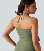 Halter Tie Back Ruched Mini Casual Dress — Light Green Floral Yarn — view 6