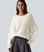 Round Neck Long Sleeve Rolled Hem Work Jumper — White Down — view 1