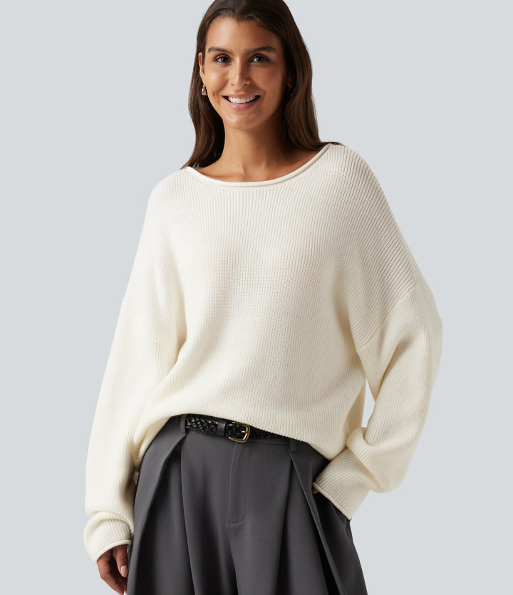 Round Neck Long Sleeve Rolled Hem Work Jumper — White Down — view 1
