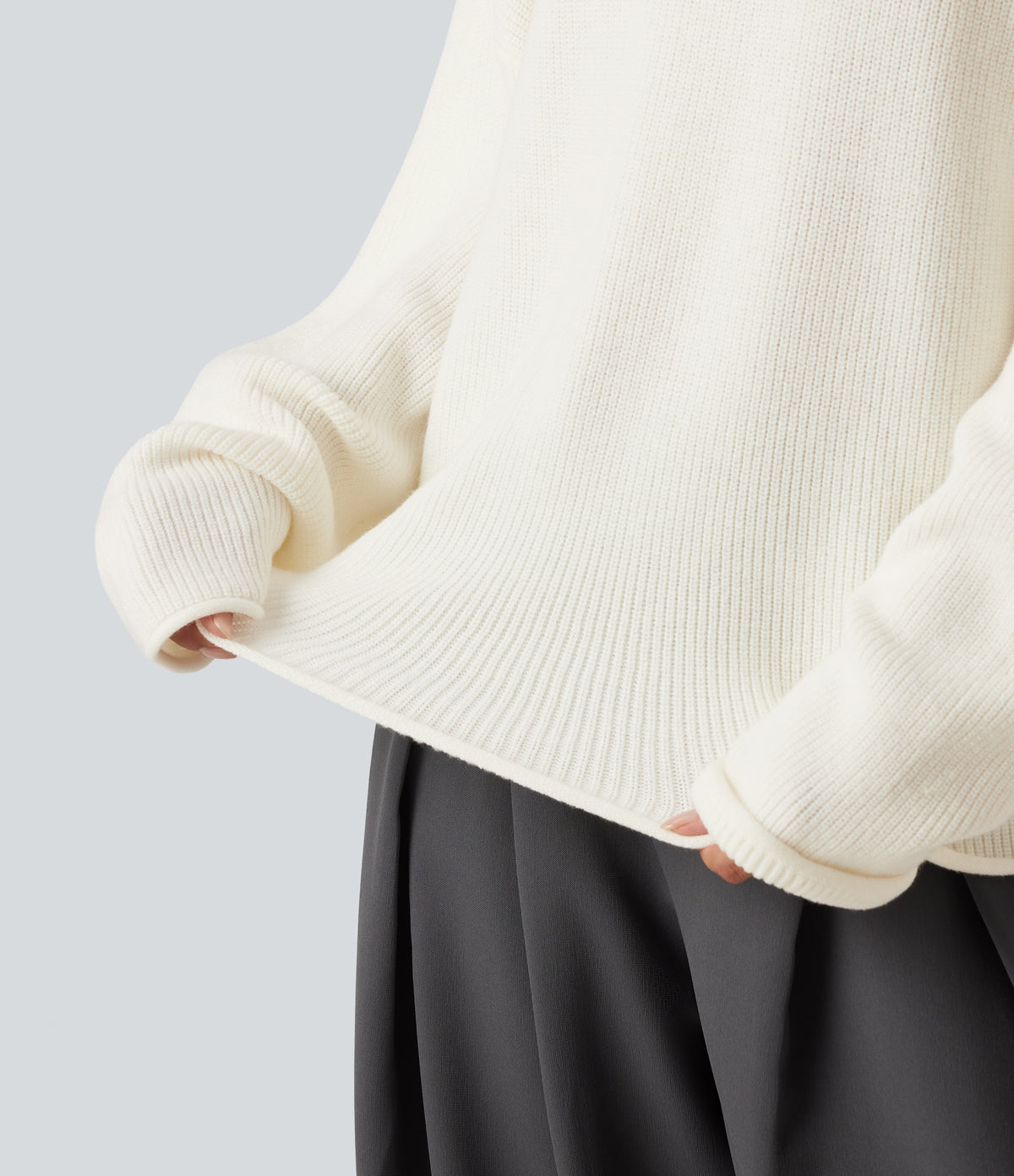 Round Neck Long Sleeve Rolled Hem Work Jumper — White Down — view 6