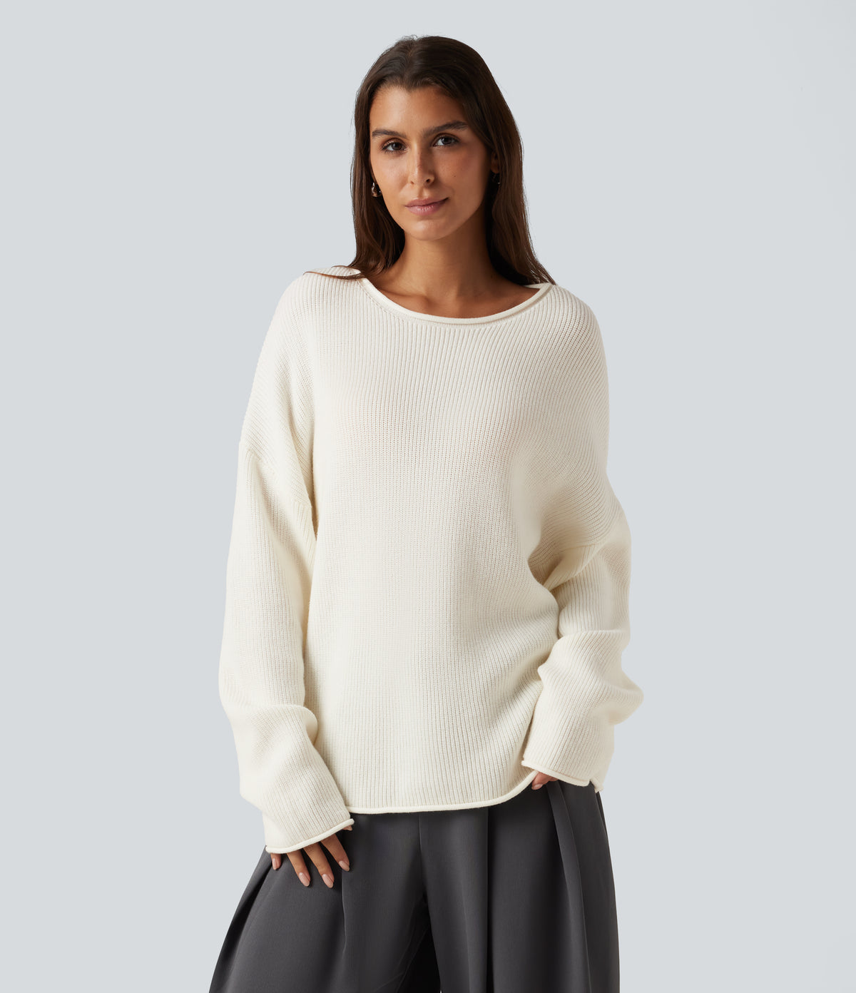 Round Neck Long Sleeve Rolled Hem Work Jumper — White Down — view 4