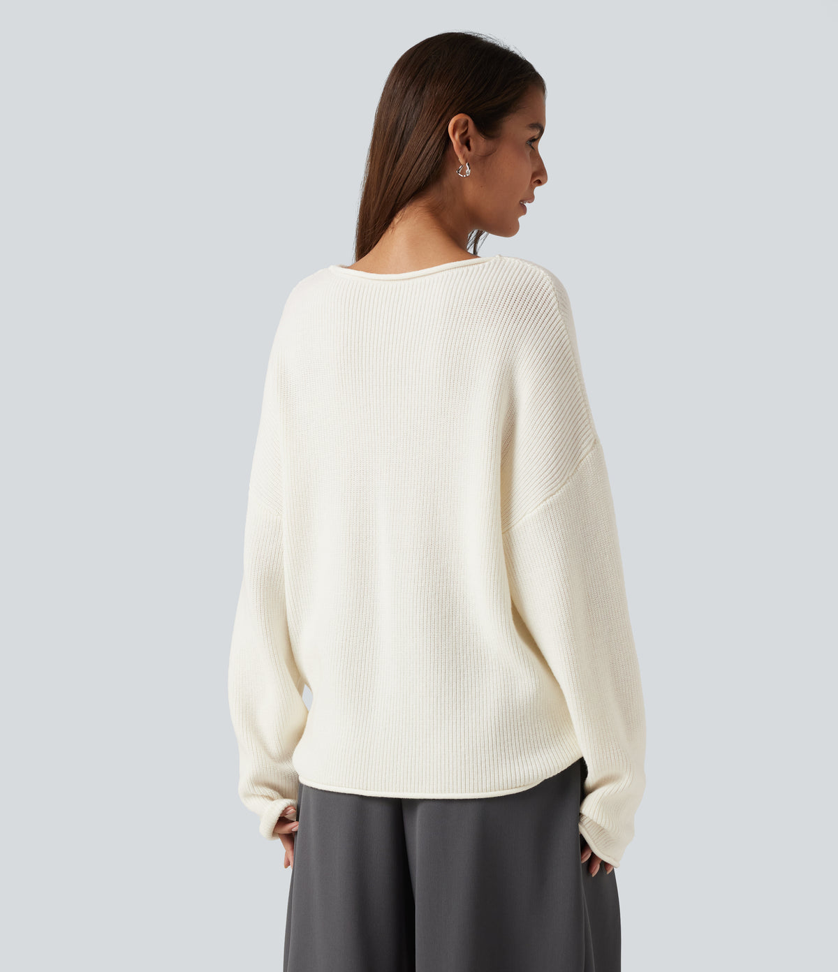 Round Neck Long Sleeve Rolled Hem Work Jumper — White Down — view 2