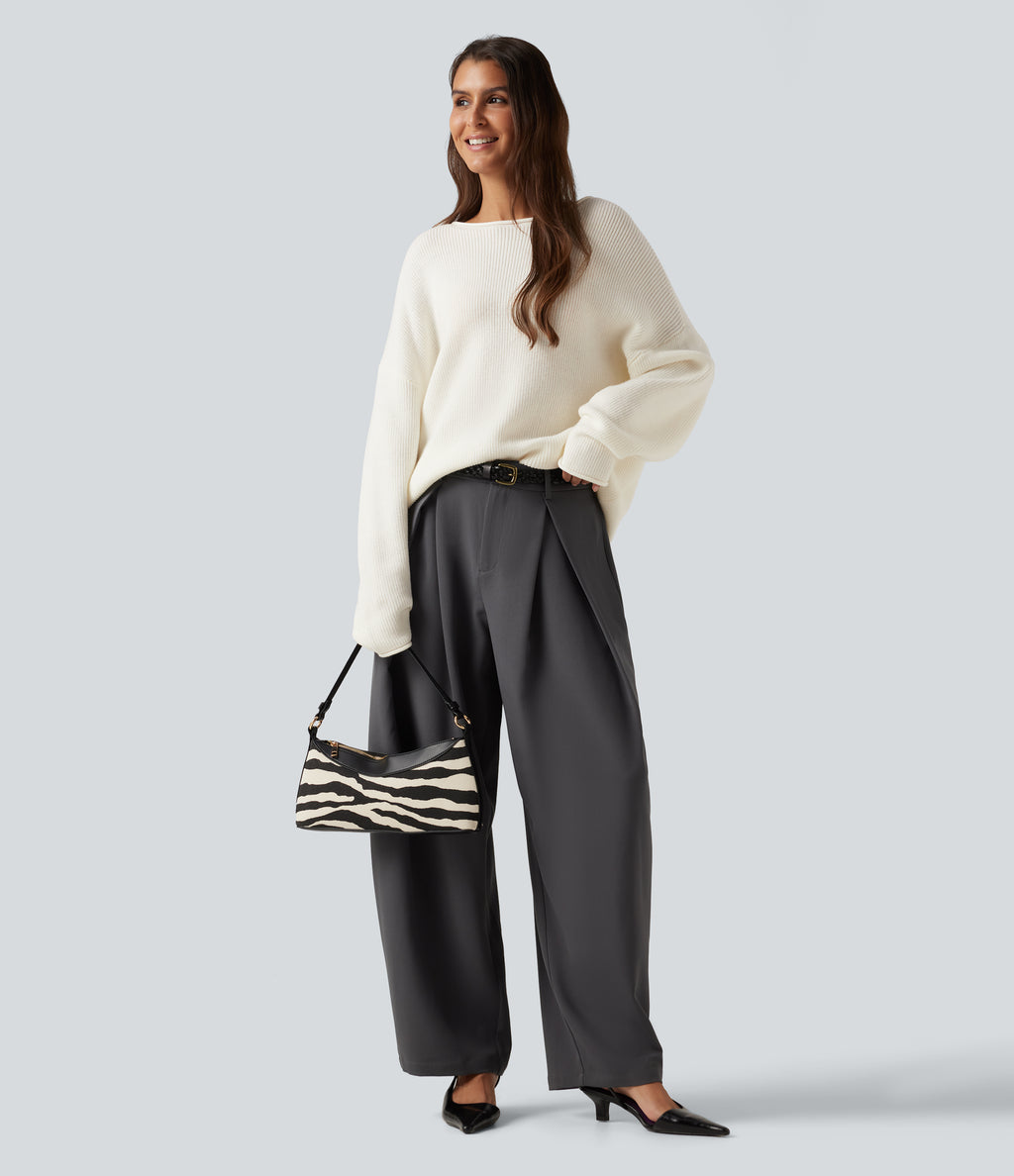 Round Neck Long Sleeve Rolled Hem Work Jumper — White Down — view 7