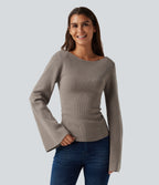 Boat Neck Flounce Long Sleeve Casual Jumper — Nacreous Clouds — view 4
