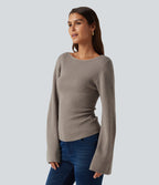 Boat Neck Flounce Long Sleeve Casual Jumper — Nacreous Clouds — view 3