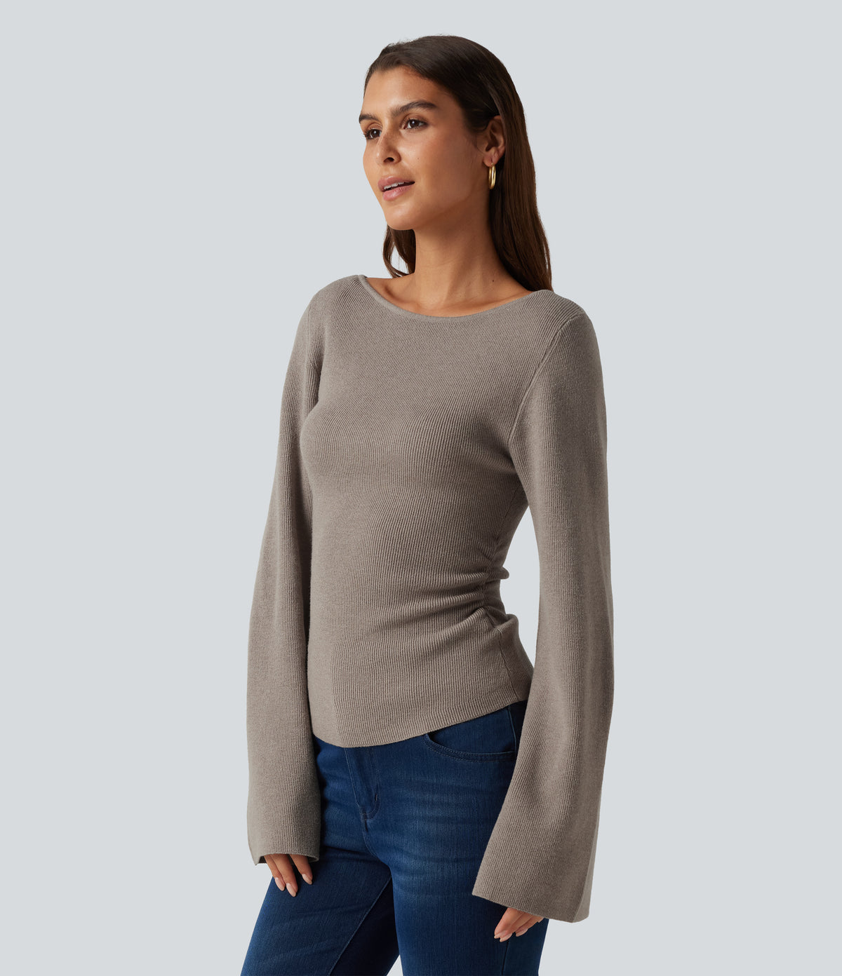Boat Neck Flounce Long Sleeve Casual Jumper — Nacreous Clouds — view 3