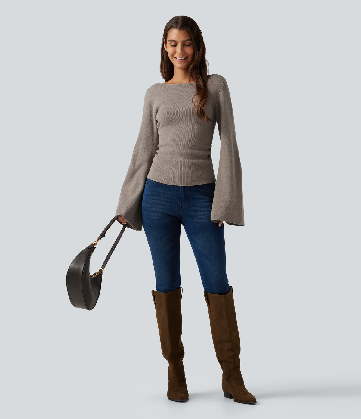 Boat Neck Flounce Long Sleeve Casual Jumper — Nacreous Clouds — view 6
