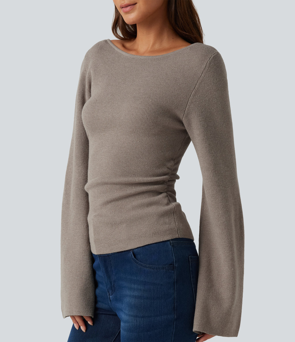 Boat Neck Flounce Long Sleeve Casual Jumper — Nacreous Clouds — view 5
