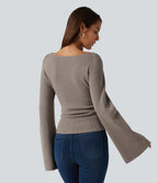 Boat Neck Flounce Long Sleeve Casual Jumper — Nacreous Clouds — view 2