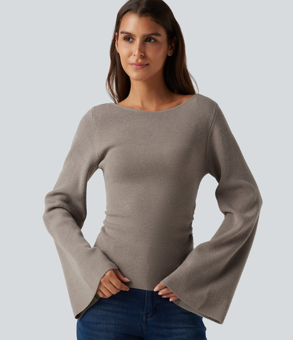 Boat Neck Flounce Long Sleeve Casual Jumper — Nacreous Clouds — view 1