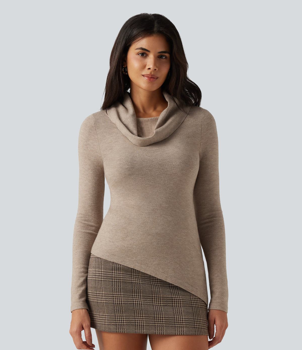 Cowl Neck Long Sleeve Uneven Hem Casual Jumper — Humus — view 1