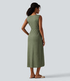 V Neck Sleeveless Split Midi Casual Dress with Pockets — Light Green Floral Yarn — view 2