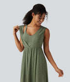 V Neck Sleeveless Split Midi Casual Dress with Pockets — Light Green Floral Yarn — view 4