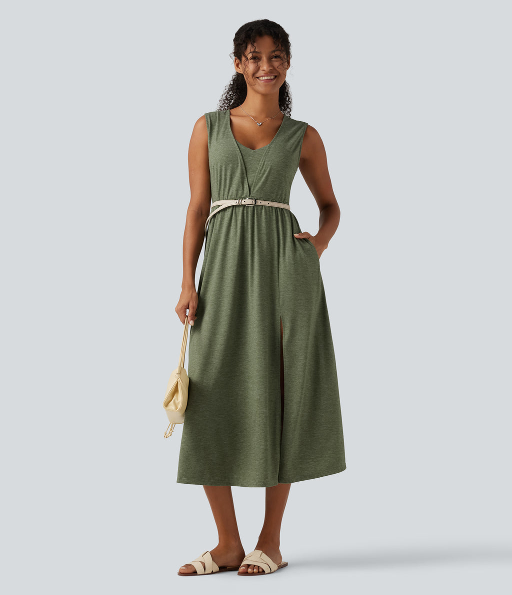 V Neck Sleeveless Split Midi Casual Dress with Pockets — Light Green Floral Yarn — view 7