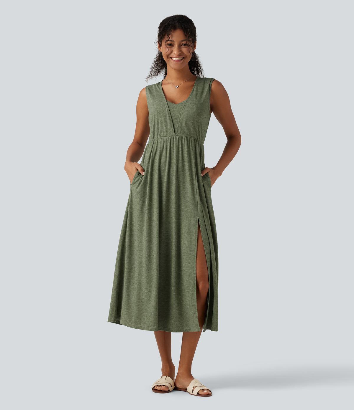 V Neck Sleeveless Split Midi Casual Dress with Pockets — Light Green Floral Yarn — view 1