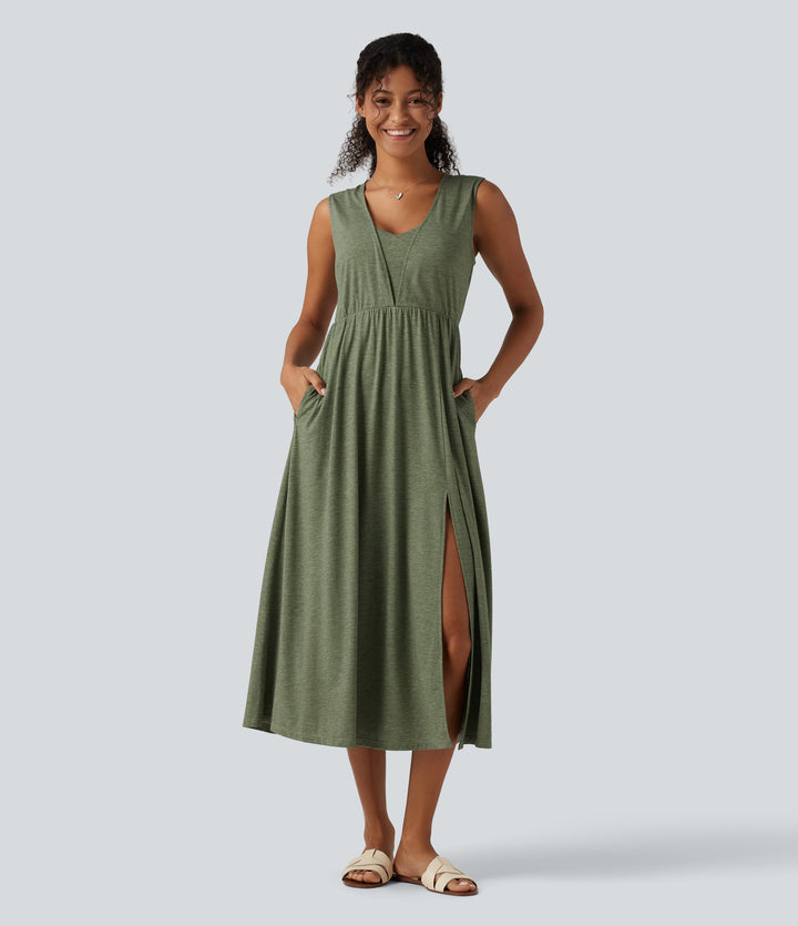 V Neck Sleeveless Split Midi Casual Dress with Pockets — Light Green Floral Yarn — view 1
