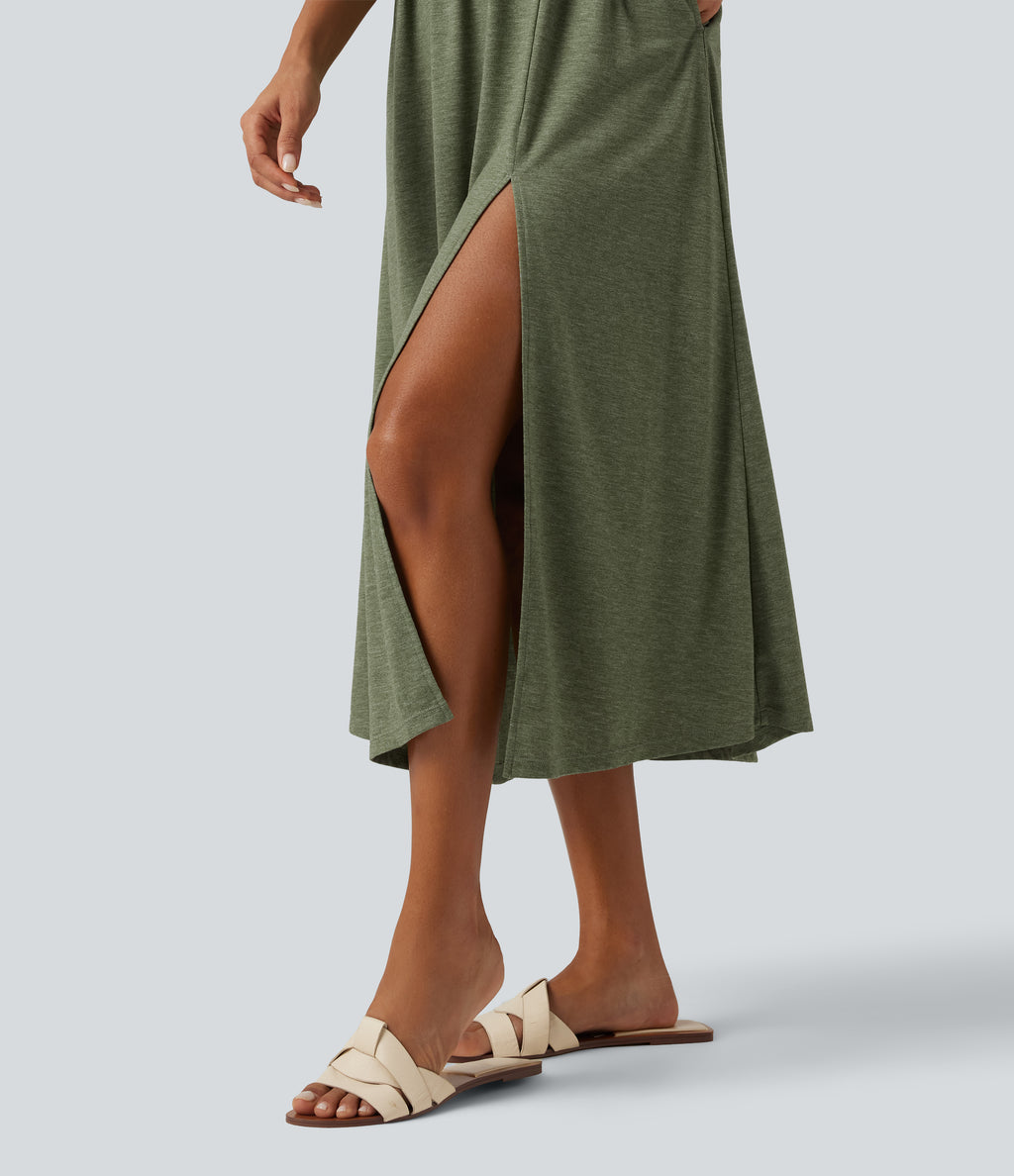 V Neck Sleeveless Split Midi Casual Dress with Pockets — Light Green Floral Yarn — view 6