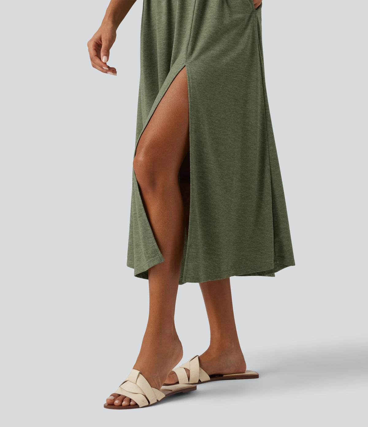 V Neck Sleeveless Split Midi Casual Dress with Pockets — Light Green Floral Yarn — view 6