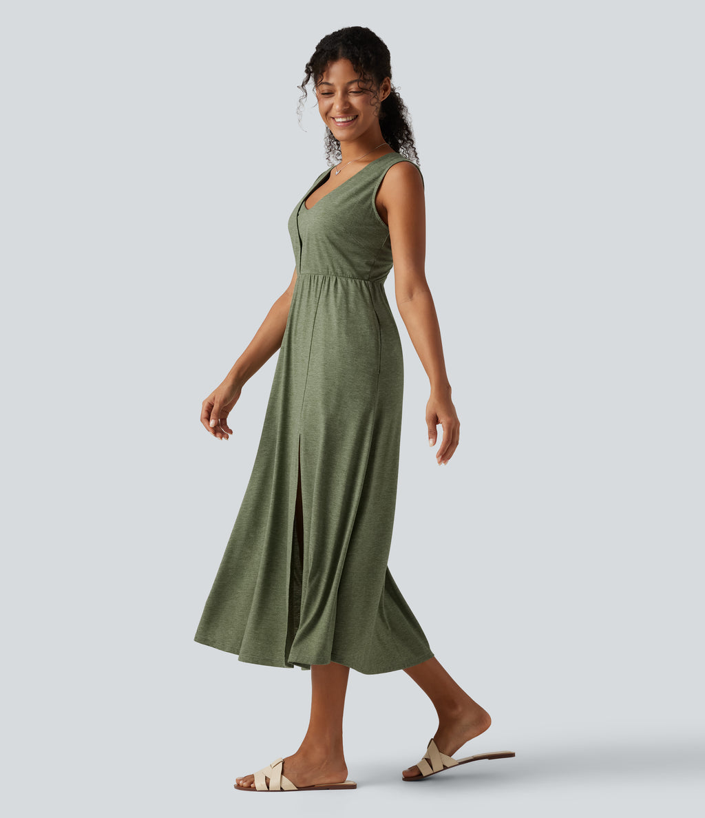 V Neck Sleeveless Split Midi Casual Dress with Pockets — Light Green Floral Yarn — view 3