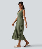 V Neck Sleeveless Split Midi Casual Dress with Pockets — Light Green Floral Yarn — view 3