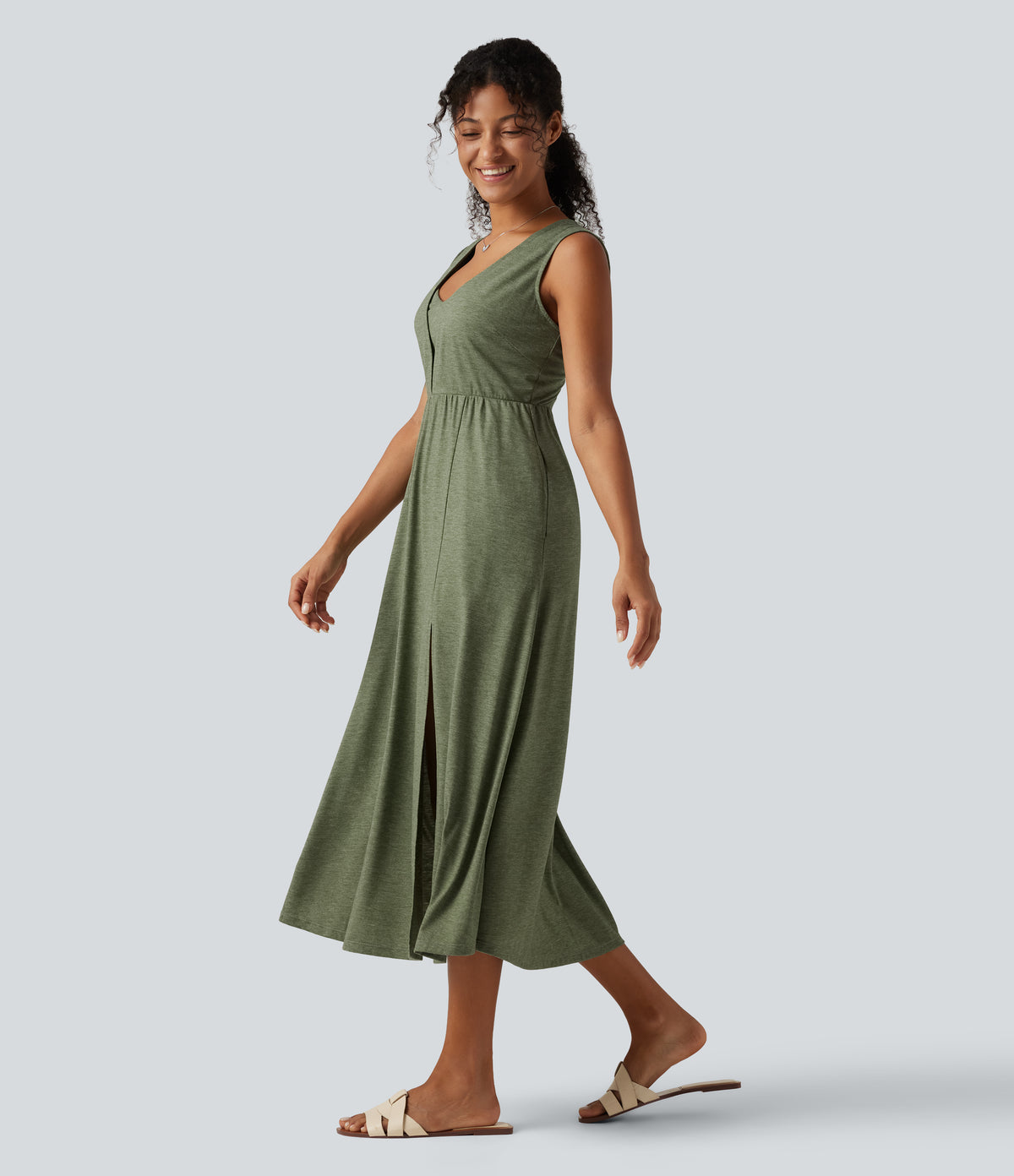 V Neck Sleeveless Split Midi Casual Dress with Pockets — Light Green Floral Yarn — view 3