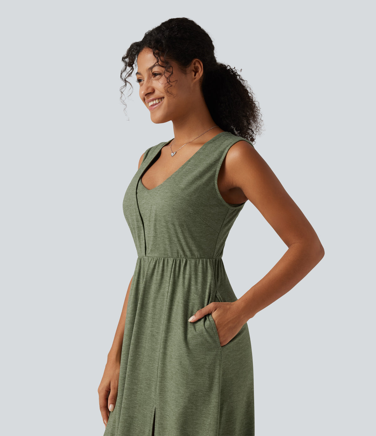 V Neck Sleeveless Split Midi Casual Dress with Pockets — Light Green Floral Yarn — view 5