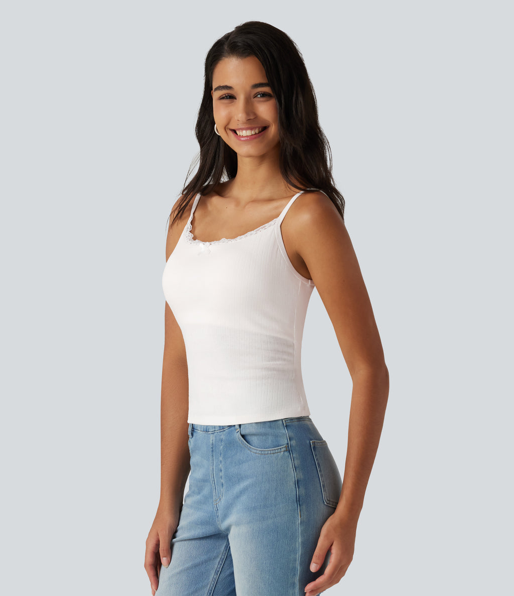 U Neck Built-in Bra Contrast Lace Casual Tank Top — White — view 3
