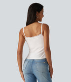 U Neck Built-in Bra Contrast Lace Casual Tank Top — White — view 2