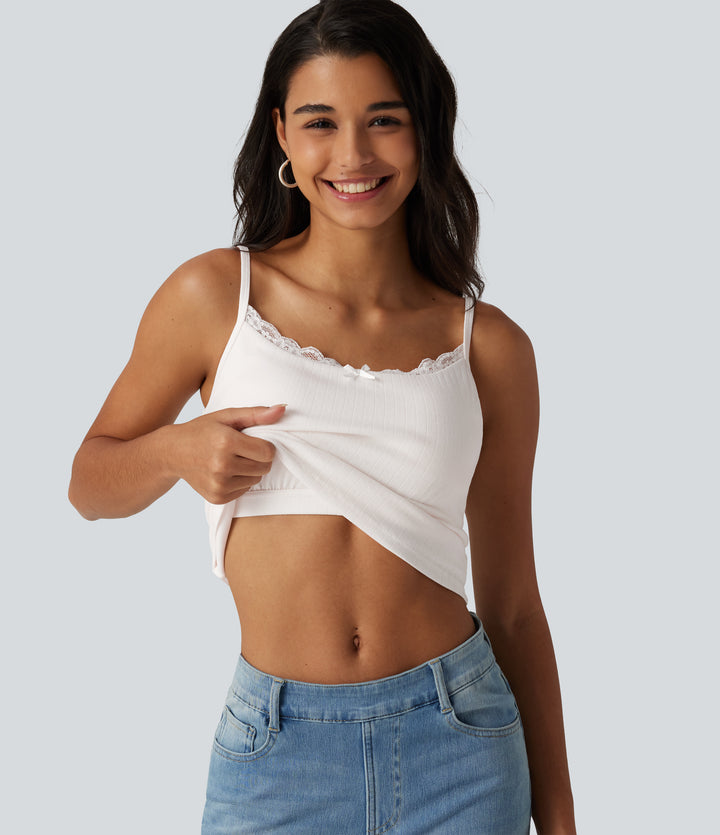 U Neck Built-in Bra Contrast Lace Casual Tank Top — White — view 1