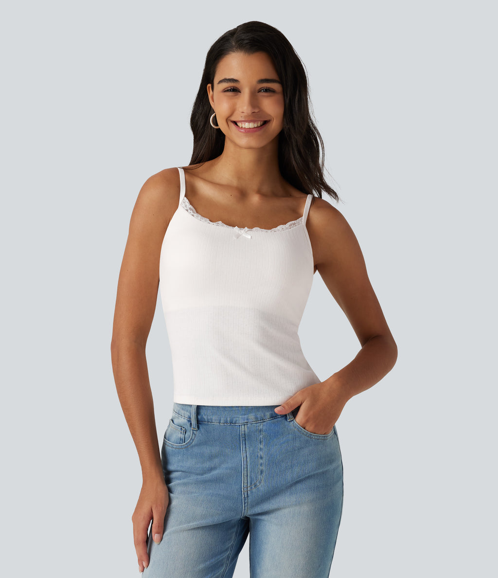 U Neck Built-in Bra Contrast Lace Casual Tank Top — White — view 4