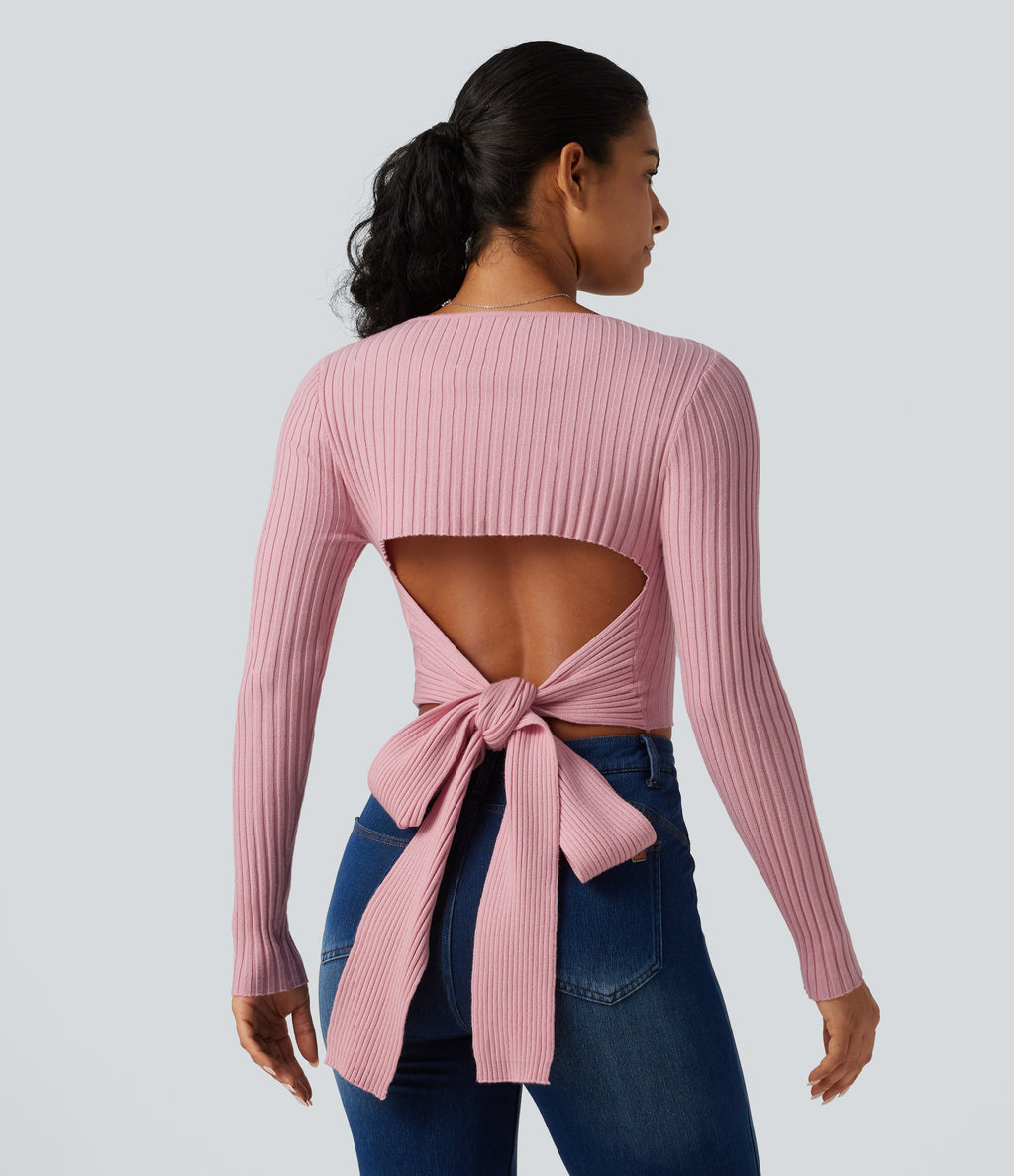 Round Neck Long Sleeve Cut Out Tie Back Casual Jumper — Zephyr — view 3